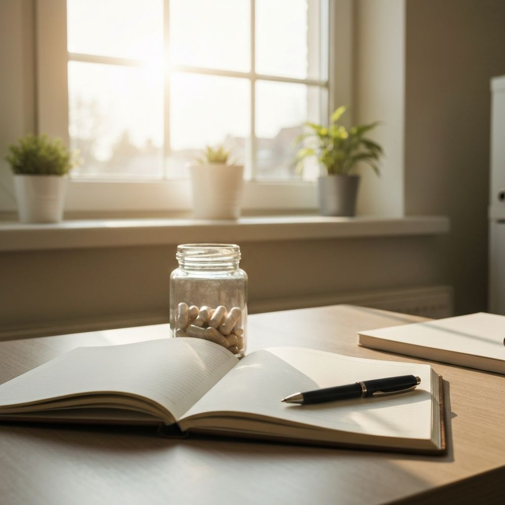 Offenes Notizbuch mit Stift und Supplementglas, persönliche Notizenraum mit natürlichem Licht