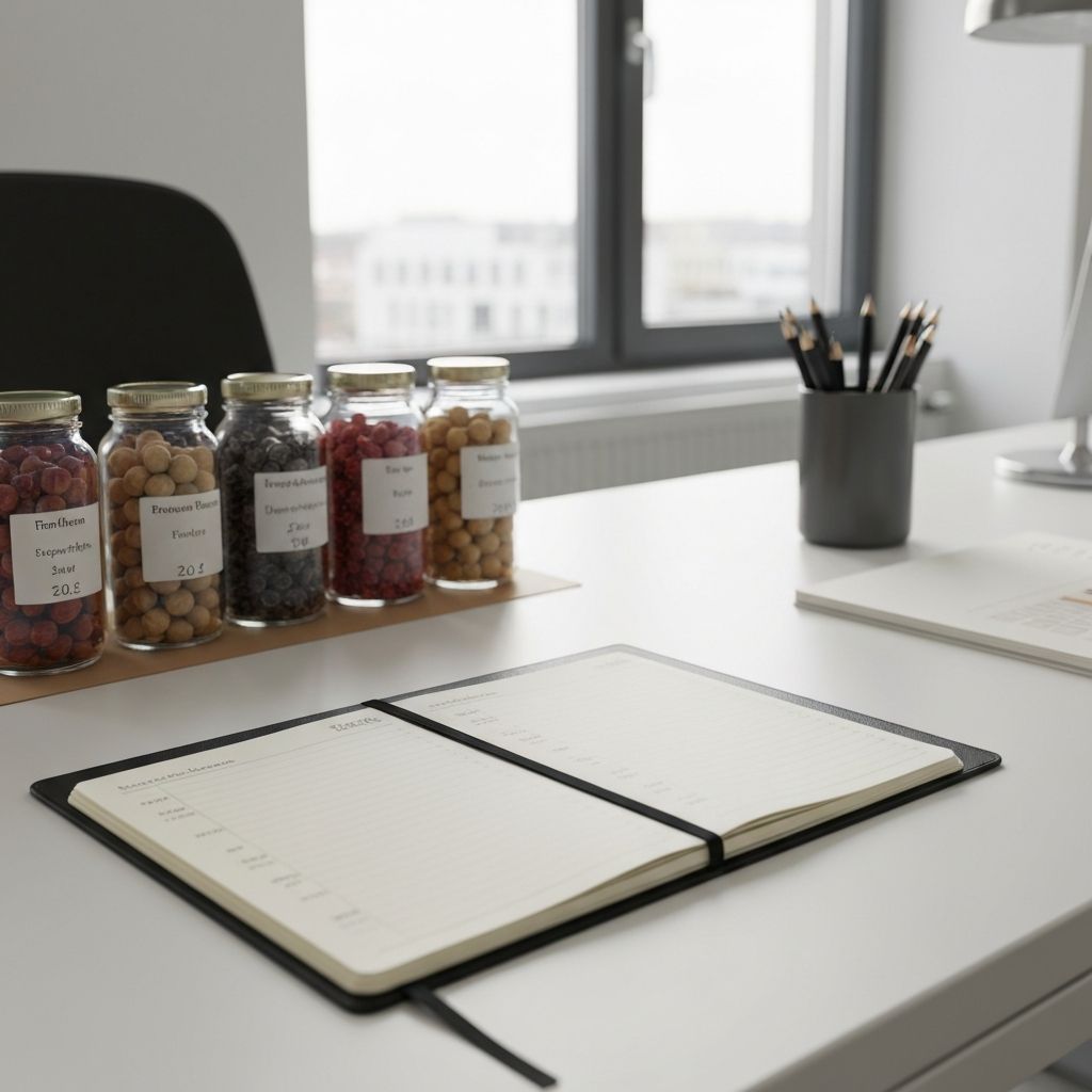 Strukturiertes Notizbuch mit organisierten Notizen und Supplementgläsern auf dem Schreibtisch