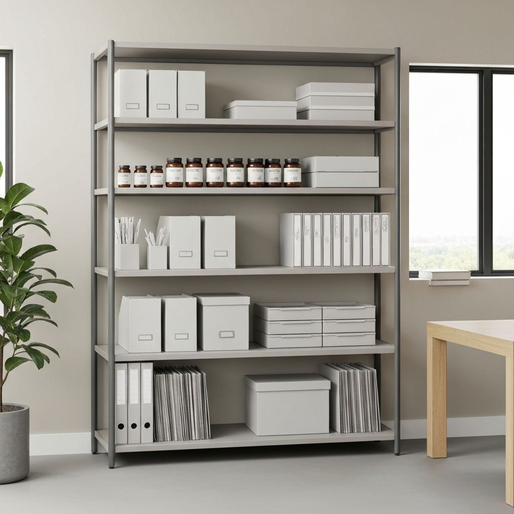 Beschriftete Behälter, Ordner und organisierte Supplementgläser auf Regal mit Dateisystem