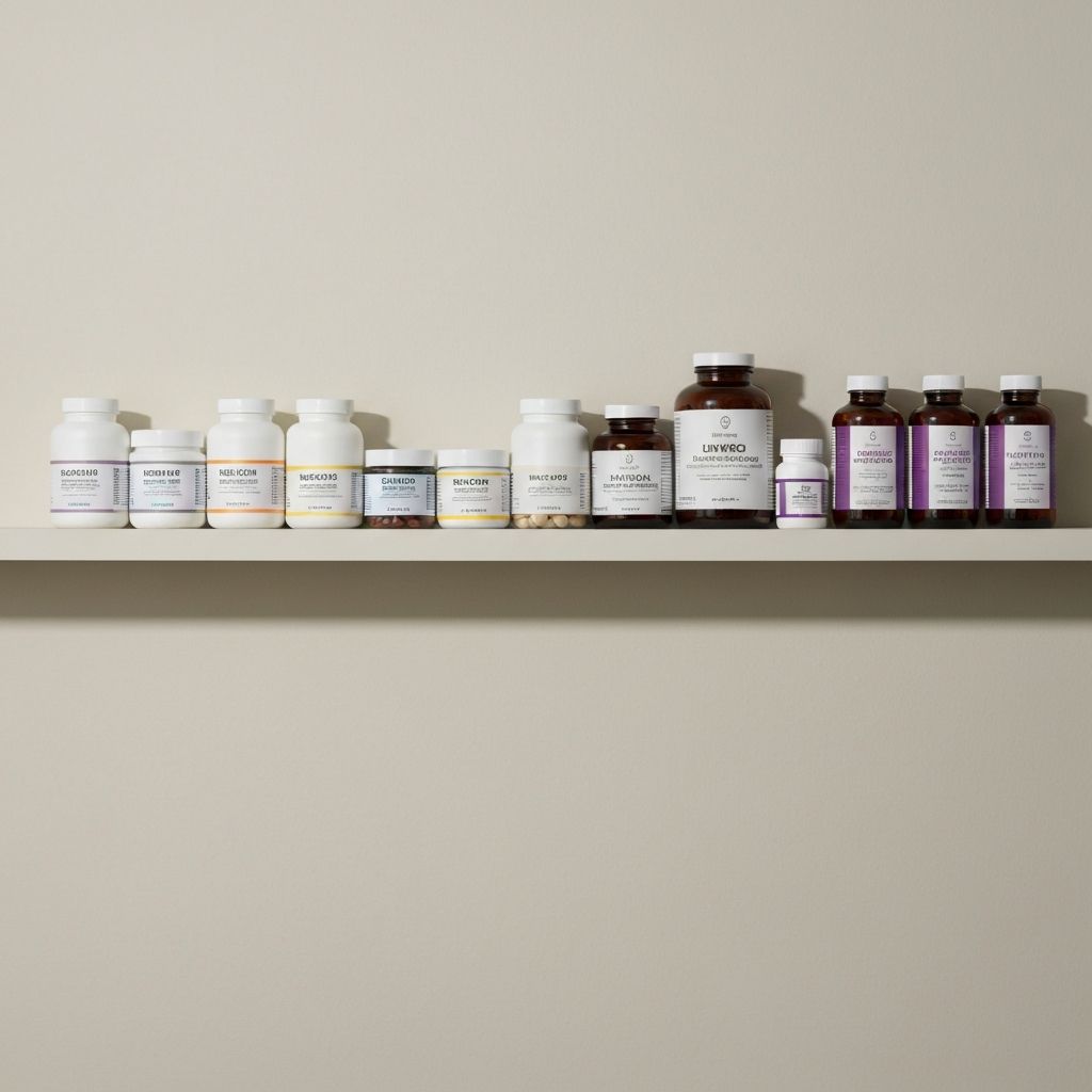 Organisiertes Regal mit Supplementgläsern, Kapseln und Pulvern systematisch angeordnet